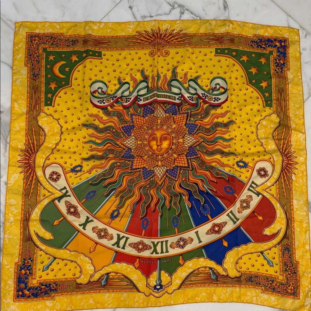 Hermes Carpe Diem Vibrant Sunburst silk scarf